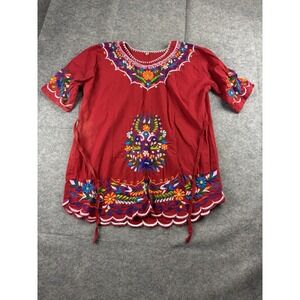 WOMENS M HANDMADE EMBROIDERED MEXICAN BLOUSE RED COLORFUL ARTSY BOHO HIPPIE SEE